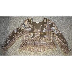 Women's American Eagle Brown Floral Long Sleeve Blouse, Large